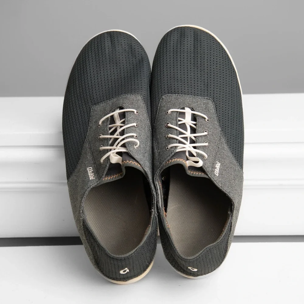 OluKai Nohea Moku Mens 13 Charcoal Gray Mesh Slip on Boat Shoes Beach Minimalist